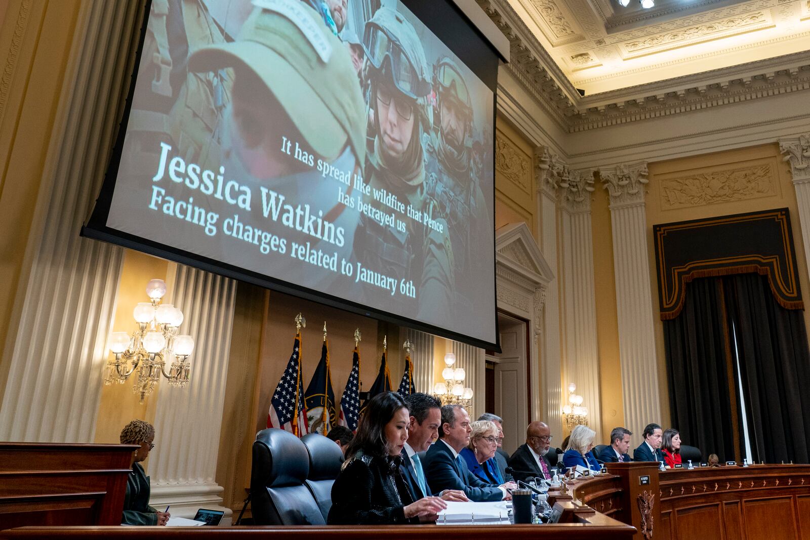 An image of Jessica Watkins, who is facing charges related to Jan. 6, is displayed along with her audio as the House select committee investigating the Jan. 6 attack on the U.S. Capitol holds a hearing on Capitol Hill in Washington, Thursday, Oct. 13, 2022. (AP Photo/Andrew Harnik, Pool)