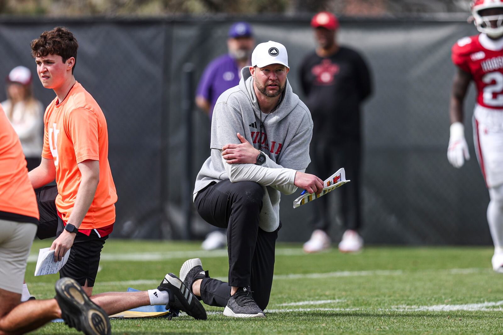 Indiana defensive coordinator and linebackers coach Bryant Haines, a Piqua High School graduate, is pictured 
during practice on March 29, 2025, at Memorial Stadium in Bloomington, Ind. Photo By Dani Meersman/Indiana Athletics