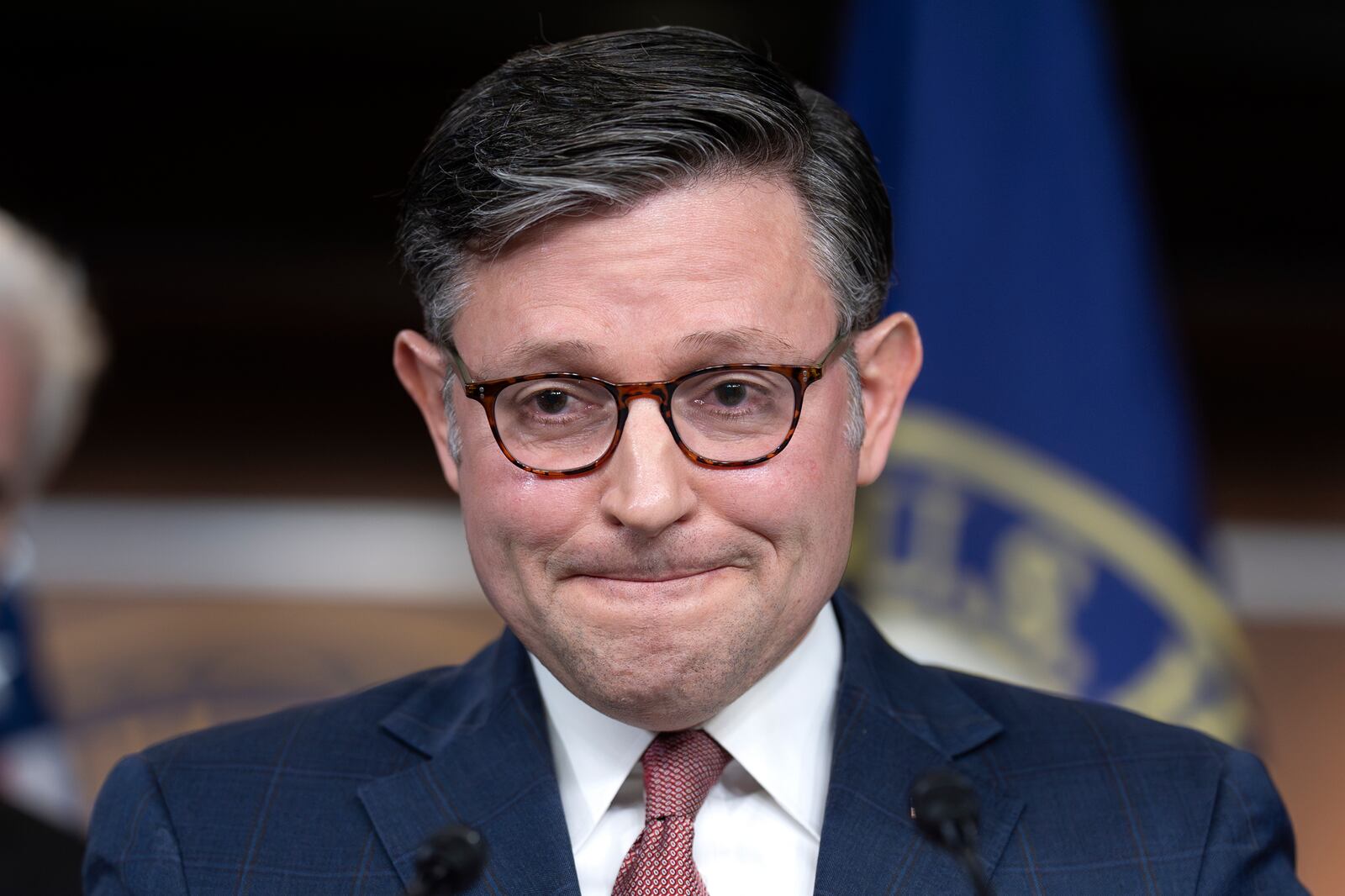 Speaker of the House Mike Johnson, R-La., blames Democrats, former President Joe Biden, and Republican lawmaker Thomas Massie of Kentucky, over the Jeffrey Epstein situation, during a news conference at the Capitol in Washington, Tuesday, July 22, 2025. (AP Photo/J. Scott Applewhite)