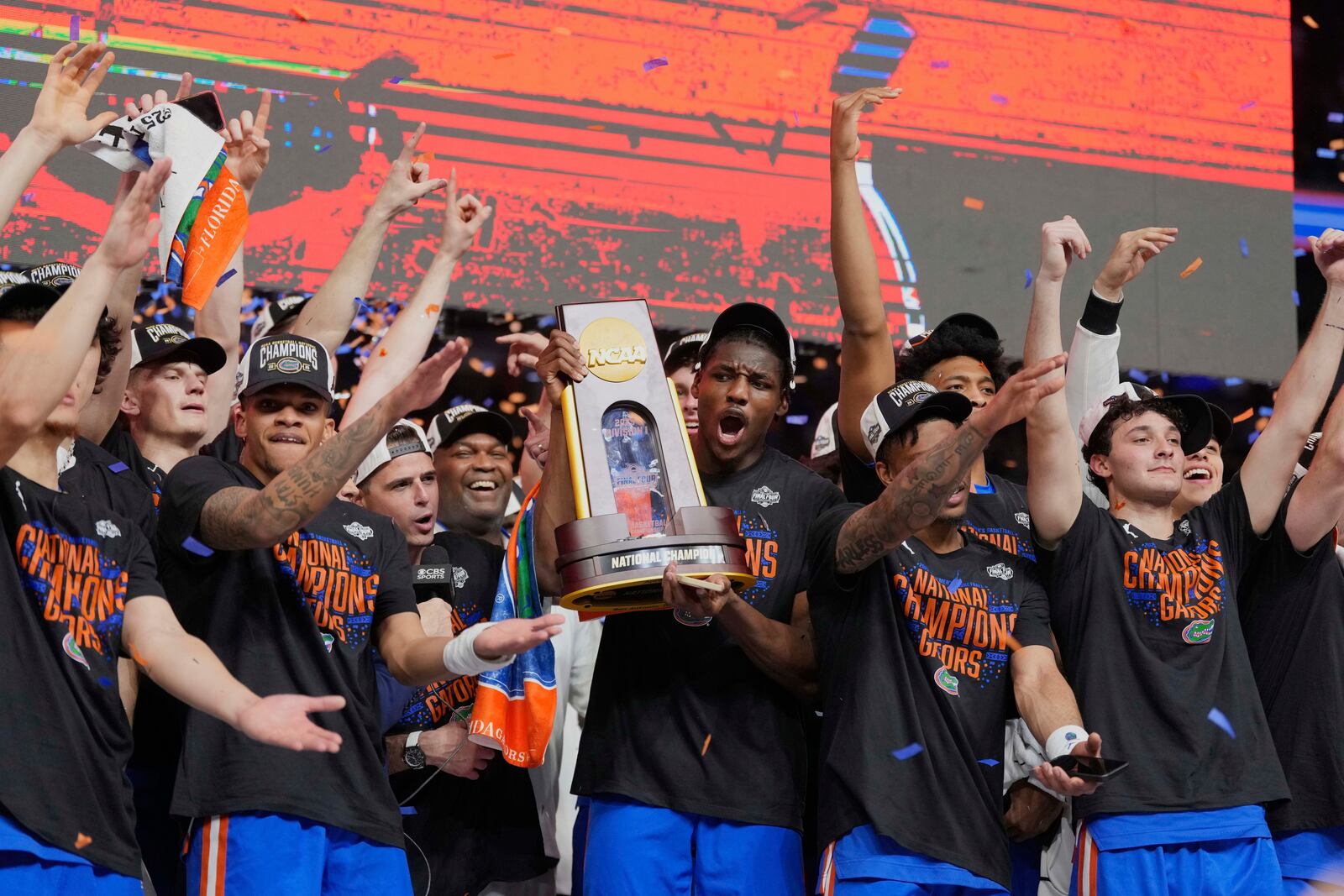 Florida celebrates after beating Houston in the national championship at the Final Four of the NCAA college basketball tournament, Monday, April 7, 2025, in San Antonio. (AP Photo/Eric Gay)