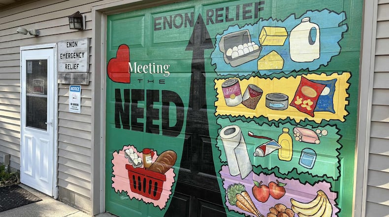Enon Relief’s Pantry is tucked away behind a vets office but the front door is bright and easy to see. Just look for the water tower and you will find it. CONTRIBUTED
