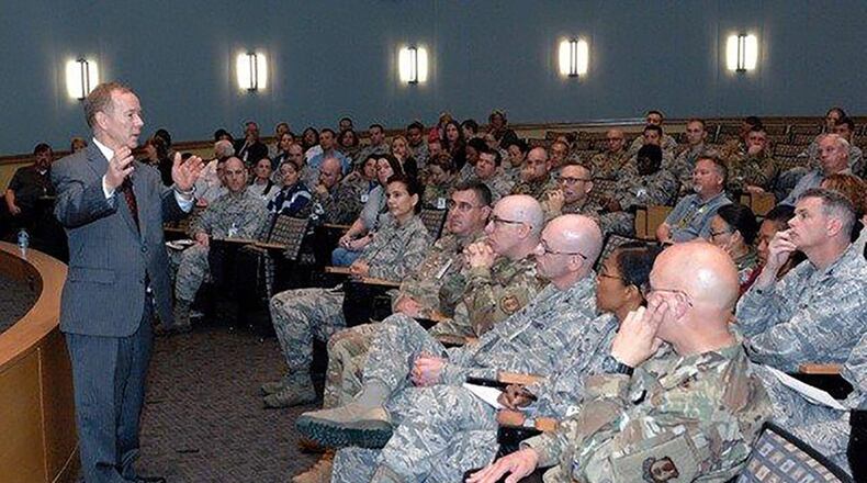 Barclay Butler, Ph.D., assistant director for Management, Defense Health Agency, speaks to the crowd during the 88th Medical Group’s town hall June 11 at the Wright-Patterson Medical Center. Butler shared the Defense Health Agency’s plans and strategies for military treatment facilities transition. (Contributed photo)