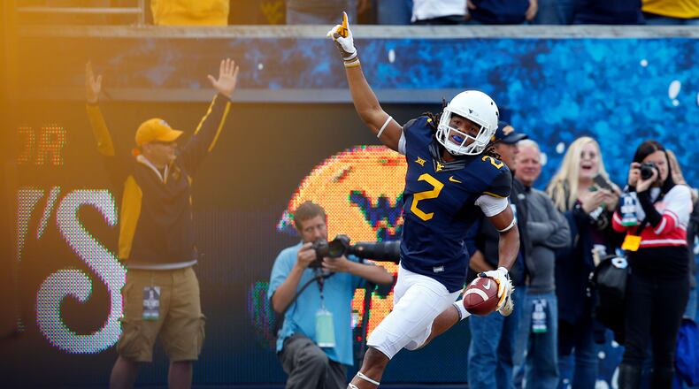 MORGANTOWN, WV - NOVEMBER 04: Ka’Raun White #2 of the West Virginia Mountaineers celebrates after catching a touchdown pass that was later challenged and overturned in the first half against the Iowa State Cyclones at Mountaineer Field on November 04, 2017 in Morgantown, West Virginia. (Photo by Justin K. Aller/Getty Images)