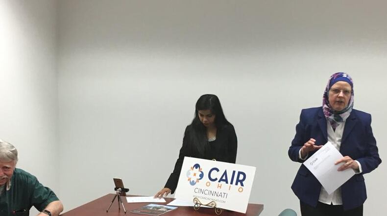 Members of the Ohio chapter of the Council on American-Islamic Relations (CAIR-Ohio) held news conference Friday to address an alleged physical and verbal attack on a Muslim woman in a Meijer grocery store in Kettering. WAYNE BAKER/STAFF