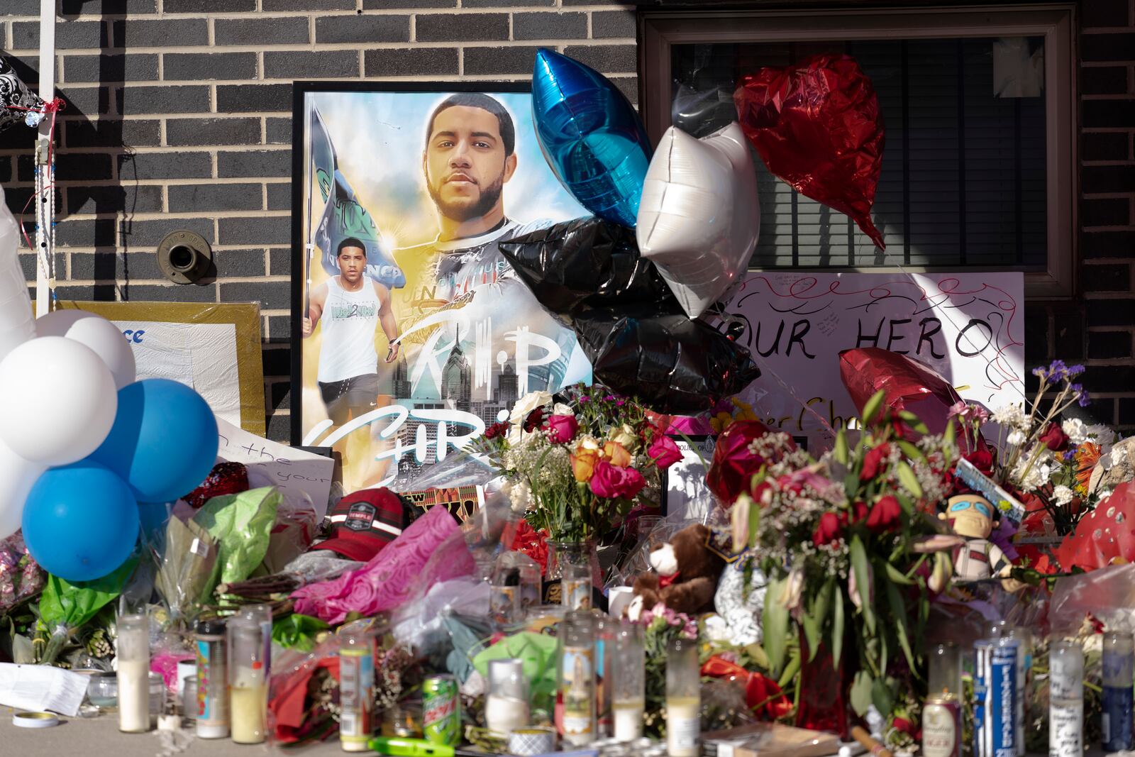 FILE - Items fill a memorial for Temple University Police Officer Christopher Fitzgerald, Feb. 23, 2023, in Philadelphia. (AP Photo/Matt Rourke, File)