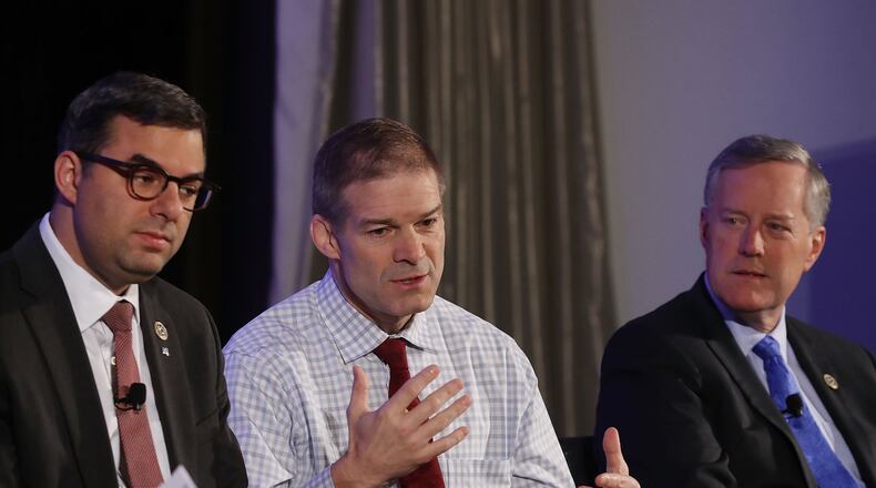 Members of the House Freedom Caucus, (L-R) Rep. Justin Amash (R-MI), Rep. Jim Jordan (R-OH) and Chairman Mark Meadows (R-NC) participate in a Politico Playbook Breakfast interview at the W Hotel on April 6, 2017 in Washington, DC. (Photo by Mark Wilson/Getty Images)