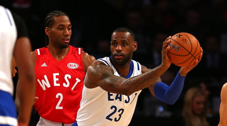 TORONTO, ON - FEBRUARY 14: LeBron James #23 of the Cleveland Cavaliers and the Eastern Conference handles the ball against Kawhi Leonard #2 of the San Antonio Spurs and the Western Conference in the second half during the NBA All-Star Game 2016 at the Air Canada Centre on February 14, 2016 in Toronto, Ontario. NOTE TO USER: User expressly acknowledges and agrees that, by downloading and/or using this Photograph, user is consenting to the terms and conditions of the Getty Images License Agreement. (Photo by Elsa/Getty Images)