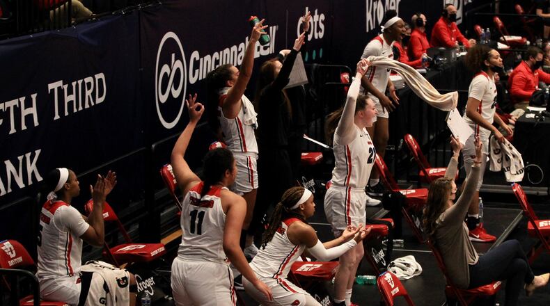 Dayton players on the bench react to a basket during a game against Duquesne on Sunday, Jan. 3, 2020, at UD Arena. David Jablonski/Staff
