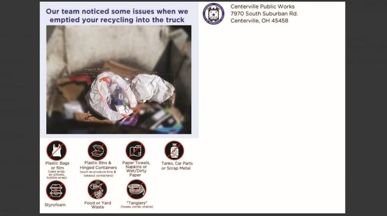 Centerville has launched a pilot project using AI-equipped recycling trucks to detect contamination in real time. Residents whose items don’t meet the guidelines will be notified via a personalized postcard, one that tells them which items are not accepted and provides tips on proper recycling. CONTRIBUTED