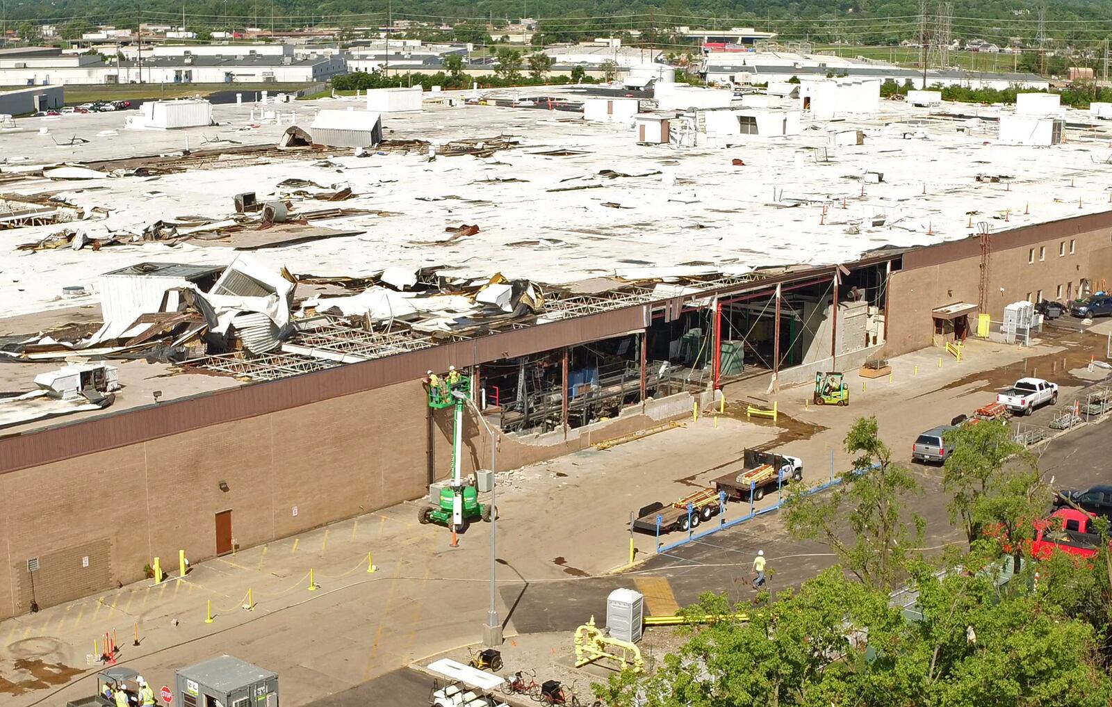 Aerial view looking northwest at the nearly 650,000 square foot Dayton Phoenix Group building on Kuntz Road in the Old North Dayton business park in 2019 after the Memorial Day tornadoes. FILE 