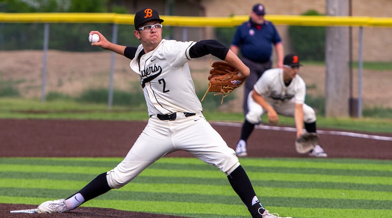Beavercreek pitcher Jack Woolf shut out Centerville on four hits Tuesday to lead the Beavers to a 4-0 victory against Centerville. The Beavers advanced to Thursday's Division I district final against Cincinnati Elder. Jeff Gilbert/CONTRIBUTED