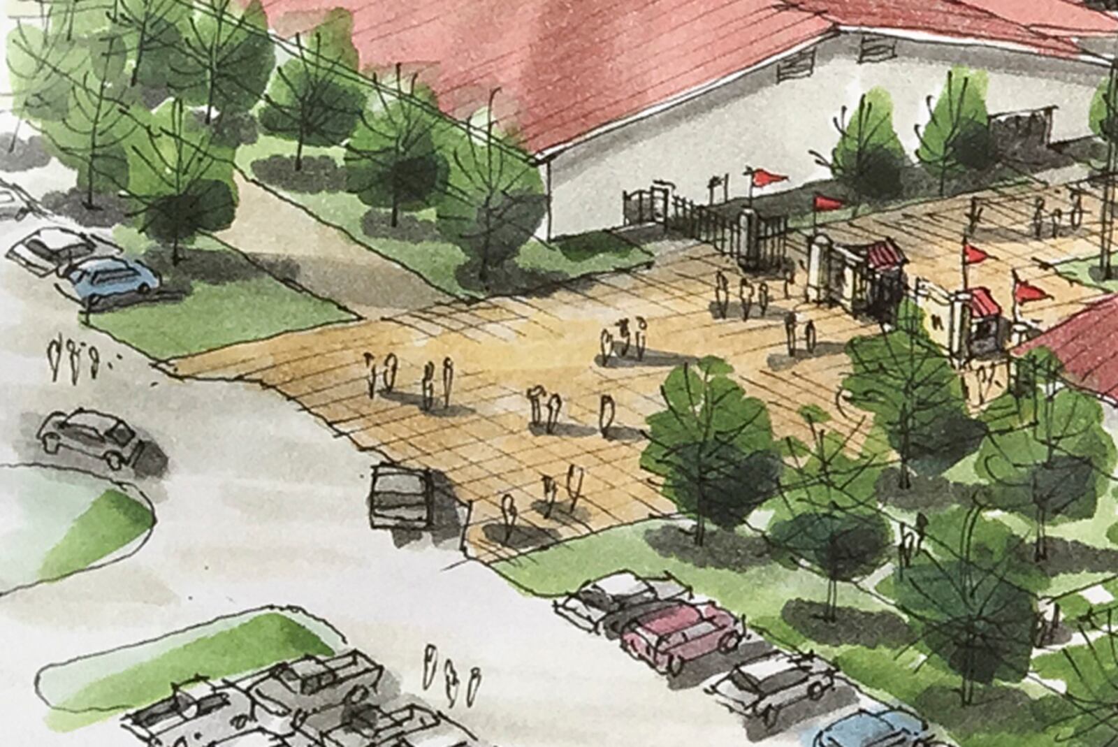 Plans unveiled Monday for the new Montgomery County Fairgrounds site in Jefferson Twp. show the main entrance to the exhibition site off the parking lot. SUBMITTED BY MONTGOMERY COUNTY AGRICULTURAL SOCIETY