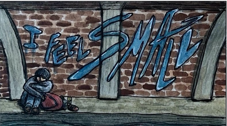 Profile: 37 year-old man. Under county bridge. He sleeps here, has overstuffed backpack, few food items, no bike. His graffiti convey trauma and shame he’s experienced. (Photo-illustration by local artist Livi Johnston)