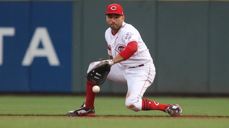Reds first baseman Joey Votto fields a ball against the Brewers on Thursday, April 13, 2017, at Great American Ball Park in Cincinnati. David Jablonski/Staff
