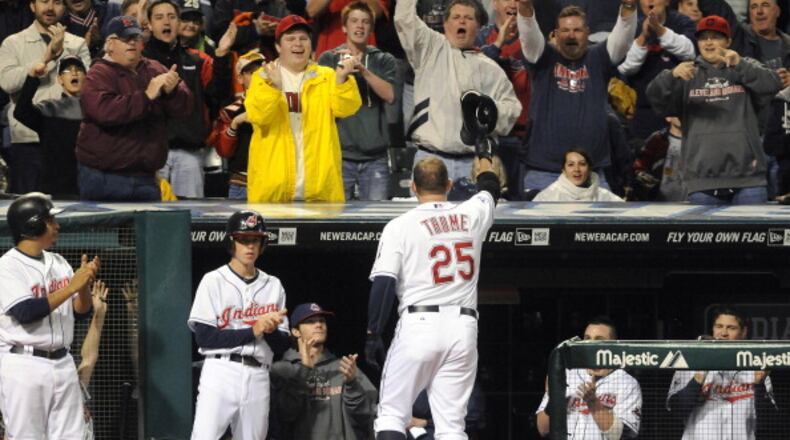 CLEVELAND, OH - SEPTEMBER 23: Jim Thome #25 of the Cleveland Indians waves to the crowd after hitting a two run home run during the third inning against the Minnesota Twins at Progressive Field on September 23, 2011 in Cleveland, Ohio. (Photo by Jason Miller/Getty Images)