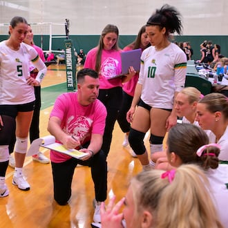 Wright State University coach Travers Green talks to his team during their match against Milwaukee on Oct. 17 in Fairborn. JOSEPH R. CRAVEN / CONTRIBUTED PHOTO