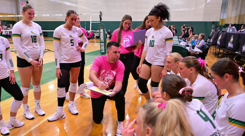 Wright State University coach Travers Green talks to his team during their match against Milwaukee on Oct. 17 in Fairborn. JOSEPH R. CRAVEN / CONTRIBUTED PHOTO