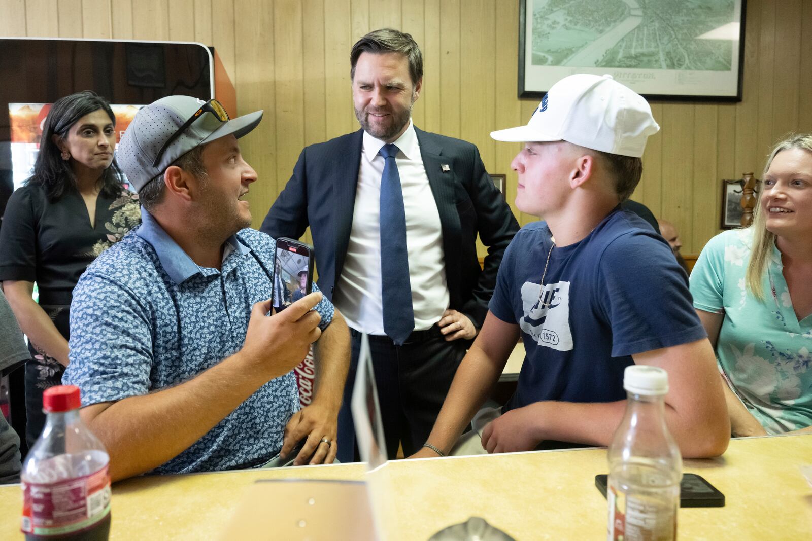 Vice President JD Vance and second lady Usha Vance, left, greet patrons during a surprise stop at the Majestic Lunch diner in Pittston, Pa., Wednesday. July 16, 2025. (Saul Loeb/Pool via AP)