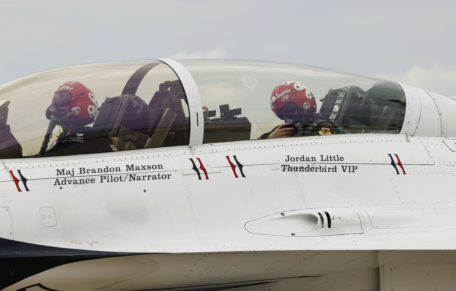 Tipp City police officer Jordan Little was honored by the United States Air Force Thunderbirds as a "Hometown Hero" and flew as a VIP in the back seat of an F-16 piloted by Maj. Brandon Maxson during a practice performance before the CenterPoint Energy Dayton Air Show Friday, June 20, 2025, in Vandalia. Little was recognized for his life-saving efforts of Justin Trevino, who was also in attendance. NICK GRAHAM/STAFF