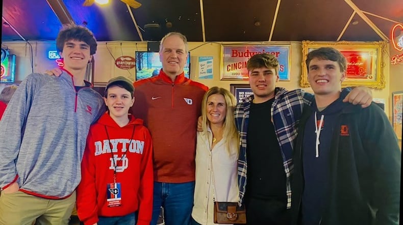 Current Dayton Flyers player Brady Uhl (far right) and his family: (Left to right) Charlie (brother), Joe (brother), former UD player Blil Uhl Jr. (Brady’s dad), Kelly (Brady’s mom) and Will (brother and fellow UD student) . CONTRIBUTED