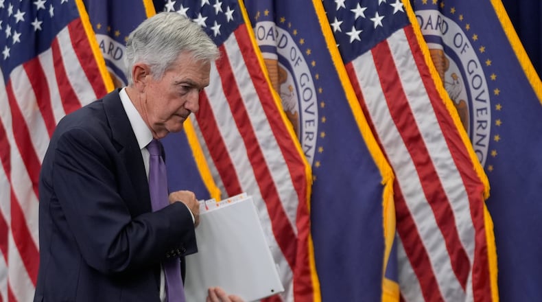 Federal Reserve Chairman Jerome Powell departs after a news conference after the Federal Open Market Committee meeting Wednesday, Oct. 29, 2025, at the Federal Reserve Board Building in Washington. (AP Photo/Manuel Balce Ceneta)