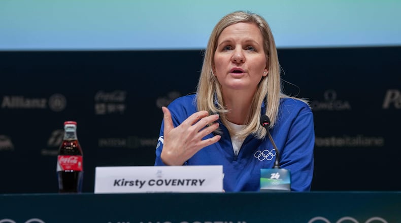 Olympic Committee President Kirsty Coventry meets the media in Milan, Italy, Sunday, Feb. 1, 2026. (Claudio Furlan/LaPresse via AP)