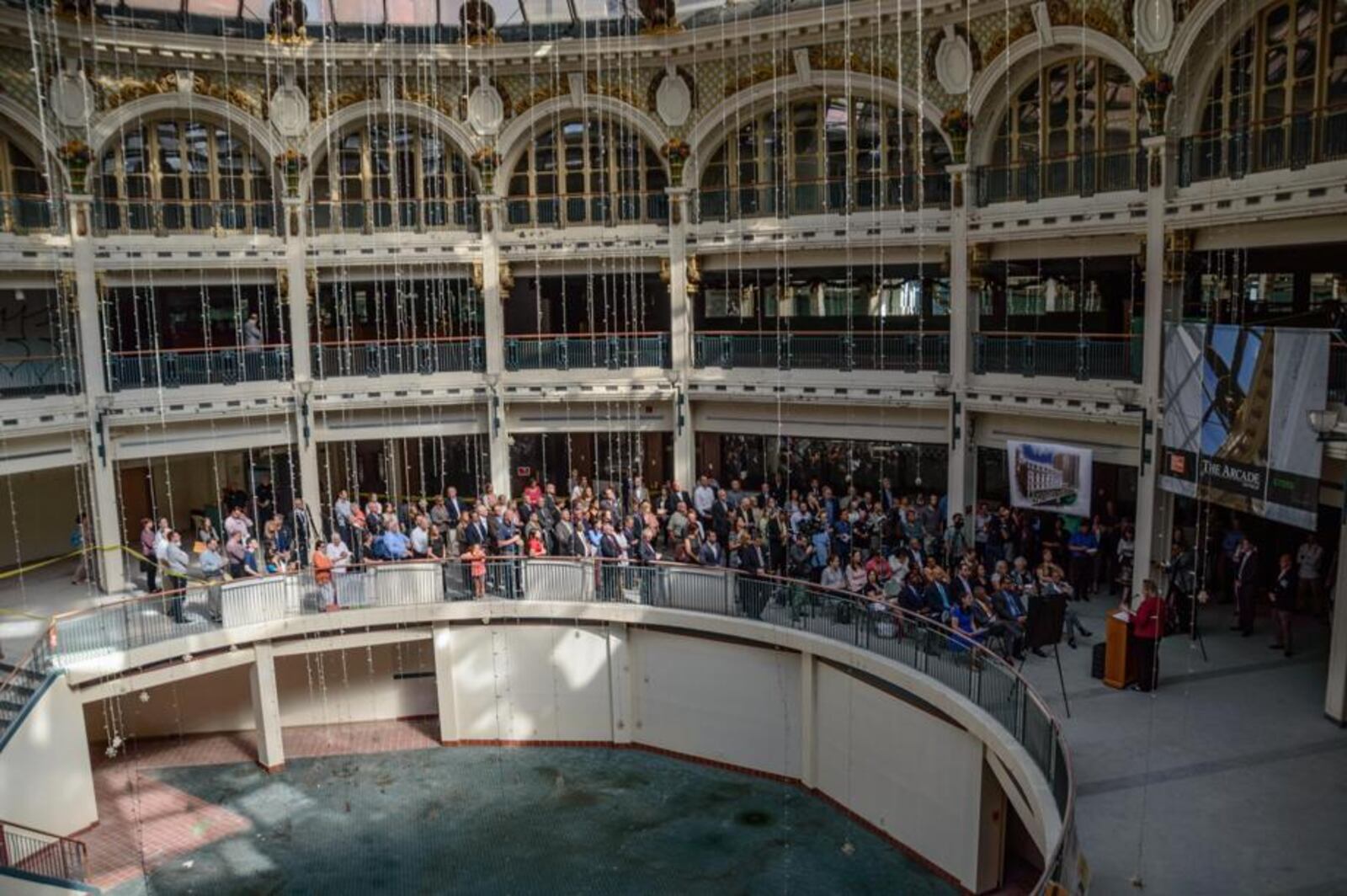 Dayton Mayor Nan Whaley speaks to a large crowd at a recent event where the state awarded the Dayton Arcade project $5 million in historic tax credits. TOM GILLIAM / STAFF