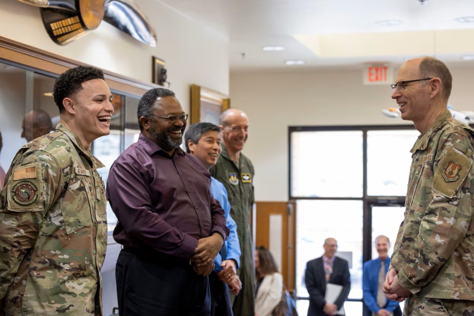 Gen. Duke Z. Richardson, then commander of Air Force Materiel Command, shares a laugh with Senior Airman Boomer Hearn during a visit to Edwards Air Force Base in March 2024.  (Air Force photo by Lindsey Iniguez)