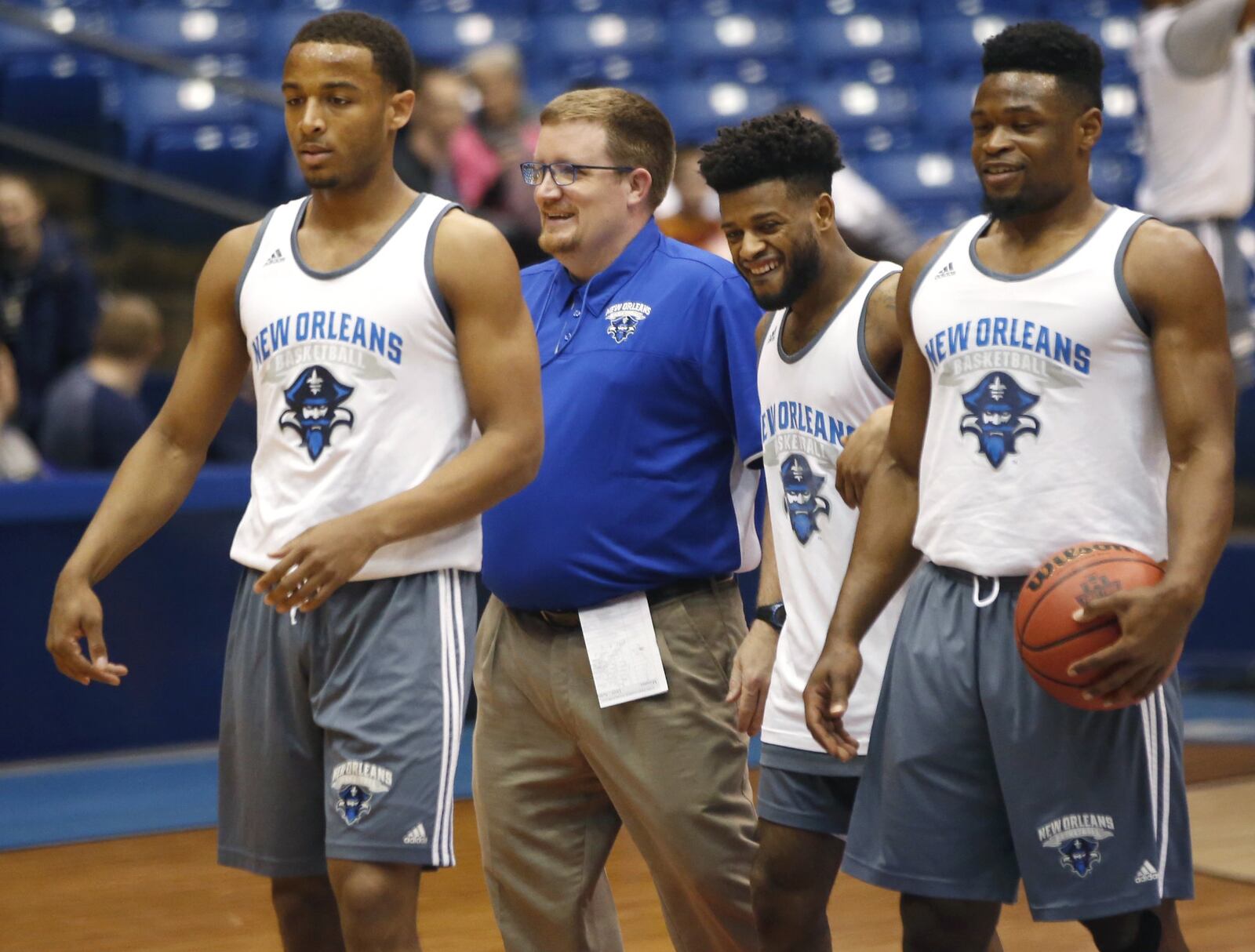 New Orleans head coach Mark Slessinger during practice Monday at UD Arena. New Orleans facing Mount St. Mary’s on Tuesday in the First Four. TY GREENLEES / STAFF