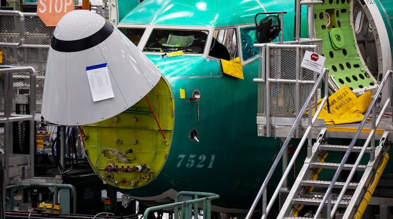 A Boeing 737 MAX 8 on the assembly line at the Boeing plant in Renton, Washington. (Ruth Fremson/The New York Times)