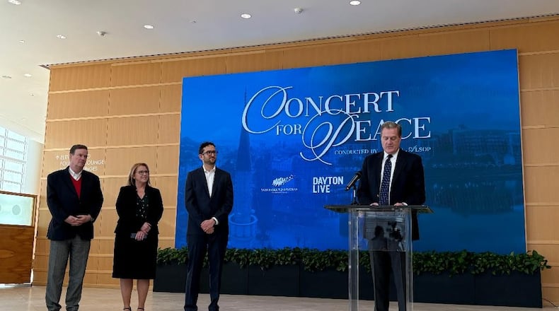From left: Patrick Nugent, president and CEO of the Dayton Performing Arts Alliance; Sue Edwards, president of Wright State University; Gabriel van Aalst, president and CEO of Dayton Live; and Congressman Mike Turner (OH-10) announce the "Concert for Peace" Monday at the Schuster Center. Photo by Russell Florence Jr.