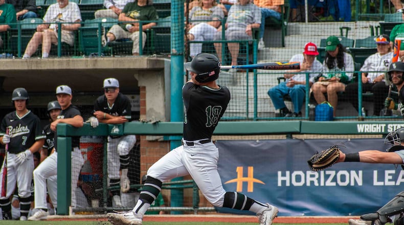 Wright State's Boston Smith takes a cut during a Horizon League tournament game vs. Youngstown State on Thursday. Wright State Athletics photo