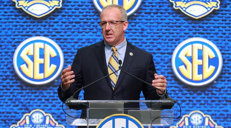 Commissioner Greg Sankey holds a press conference to open SEC Media Days at the College Football Hall of Fame on Monday, July 16, 2018 in Atlanta, Ga. (Curtis Compton/Atlanta Journal-Constitution/TNS)