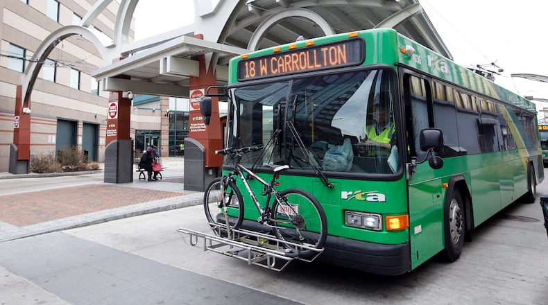 An RTA bus leaves Wright Stop Plaza. TY GREENLEES / STAFF
