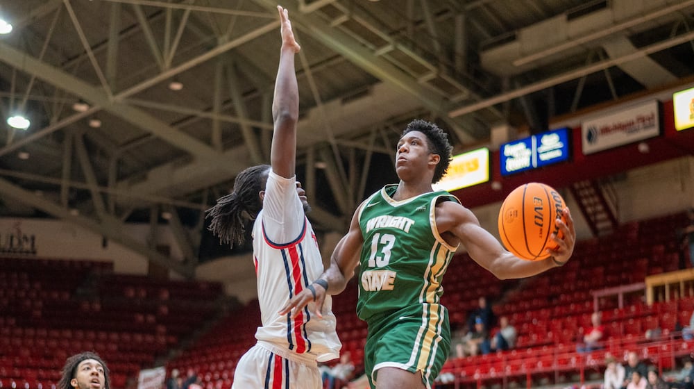 Wright State's Solomon Callaghan goes up for a shot against Detroit Mercy during a game earlier this season in Detroit. Wright State Athletics photo