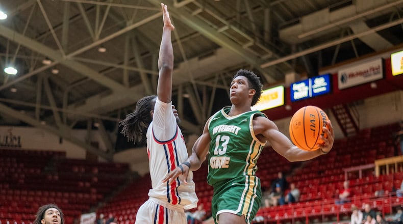 Wright State's Solomon Callaghan goes up for a shot against Detroit Mercy during a game earlier this season in Detroit. Wright State Athletics photo