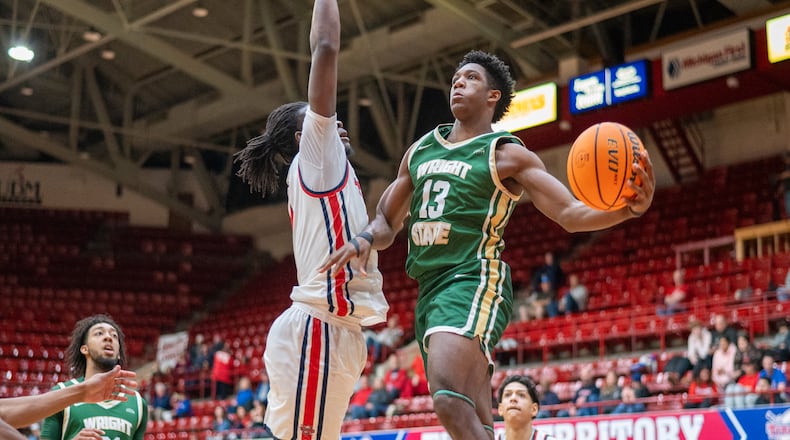 Wright State's Solomon Callaghan goes up for a shot against Detroit Mercy during a game earlier this season in Detroit. Wright State Athletics photo