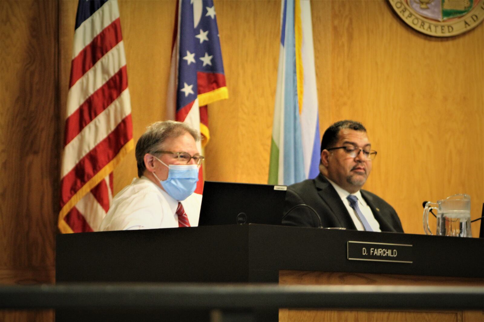 Dayton City Commissioners Darryl Fairchild and Chris Shaw during a public hearing about the 2023 budget on Wednesday, Jan. 25, 2023. CORNELIUS FROLIK / STAFF