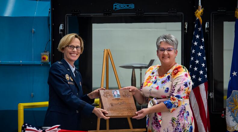 Maj. Gen. Heather Pringle, Air Force Research Laboratory commander, and Davilyn Parker, wife of AFRL aerospace engineer Greg Parker, attend a ribbon-cutting and dedication ceremony July 7 for the lab’s newest wind tunnel, the Parker Subsonic Research Facility, or SuRF, at Wright-Patterson Air Force Base. U.S. AIR FORCE PHOTO/RICK ELDRIDGE