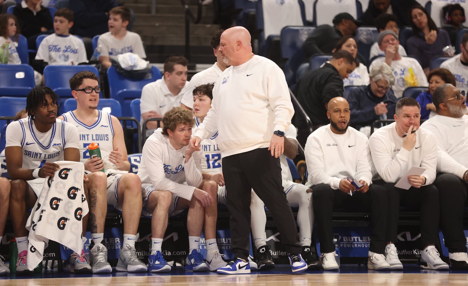 Josh Schertz, of Saint Louis, talks to Robbie Avila in the first half of a game against Dayton on Friday, Jan. 31, 2025, at Chaifetz Arena in St. Louis, Mo.. David Jablonski/Staff