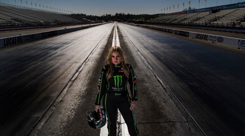 Brittany Force stands on the track where she will be competing in the Winter Nationals at the Fairplex starting on February 9, 2018, in Pomona, Calif. (Gina Ferazzi/Los Angeles Times/TNS)