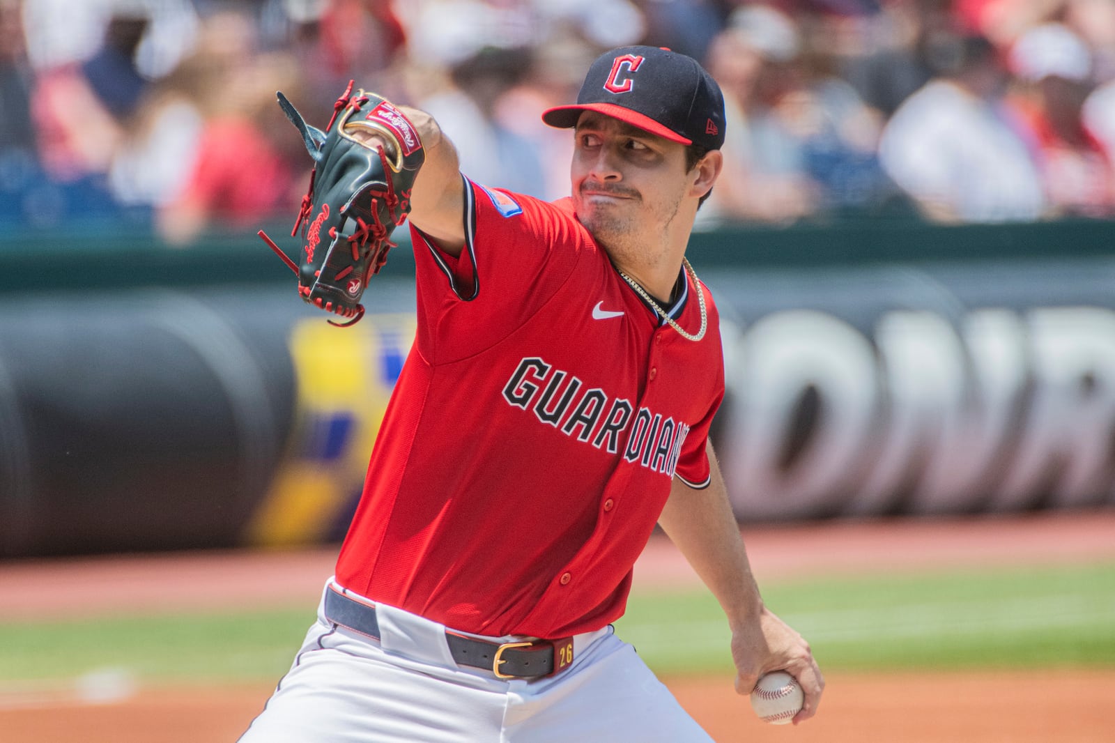 Cleveland Guardians starting pitcher Logan Allen delivers against the Cincinnati Reds during the first inning of a baseball game, Wednesday, June 11, 2025, in Cleveland. (AP Photo/Phil Long)