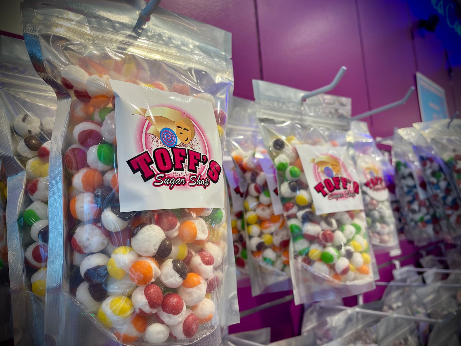 Toff’s Sugar Shop at The Greene Town Center in Beavercreek offers freeze-dried candy, regular and bulk candy, novelty and nostalgic treats, international candy, trending TikTok goodies, a sugar-free section and much more. NATALIE JONES/STAFF