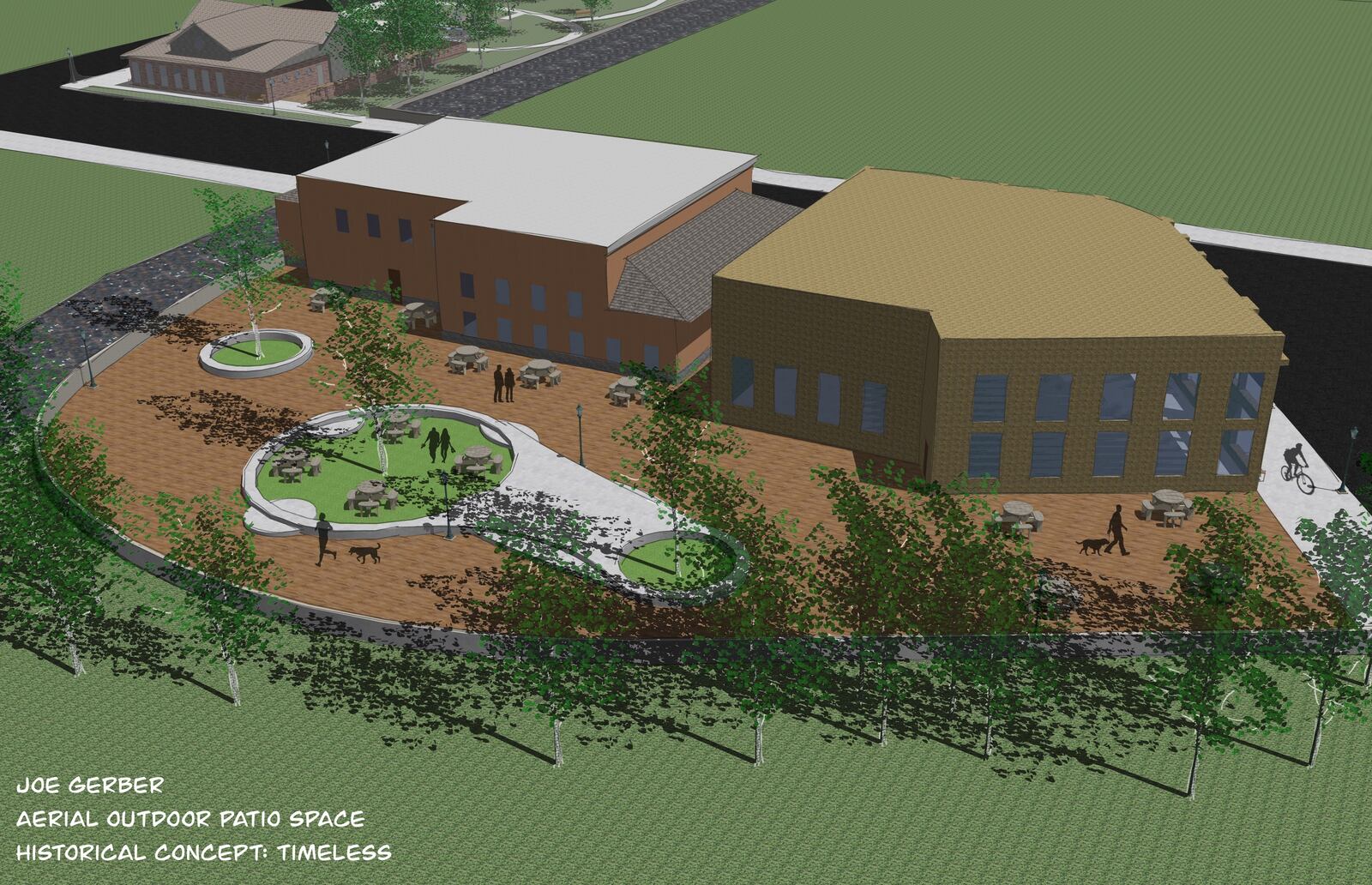 A rendering of an aerial view of a proposed outdoor patio space designed by Cedarville University senior Joe Gerber. CONTRIBUTED