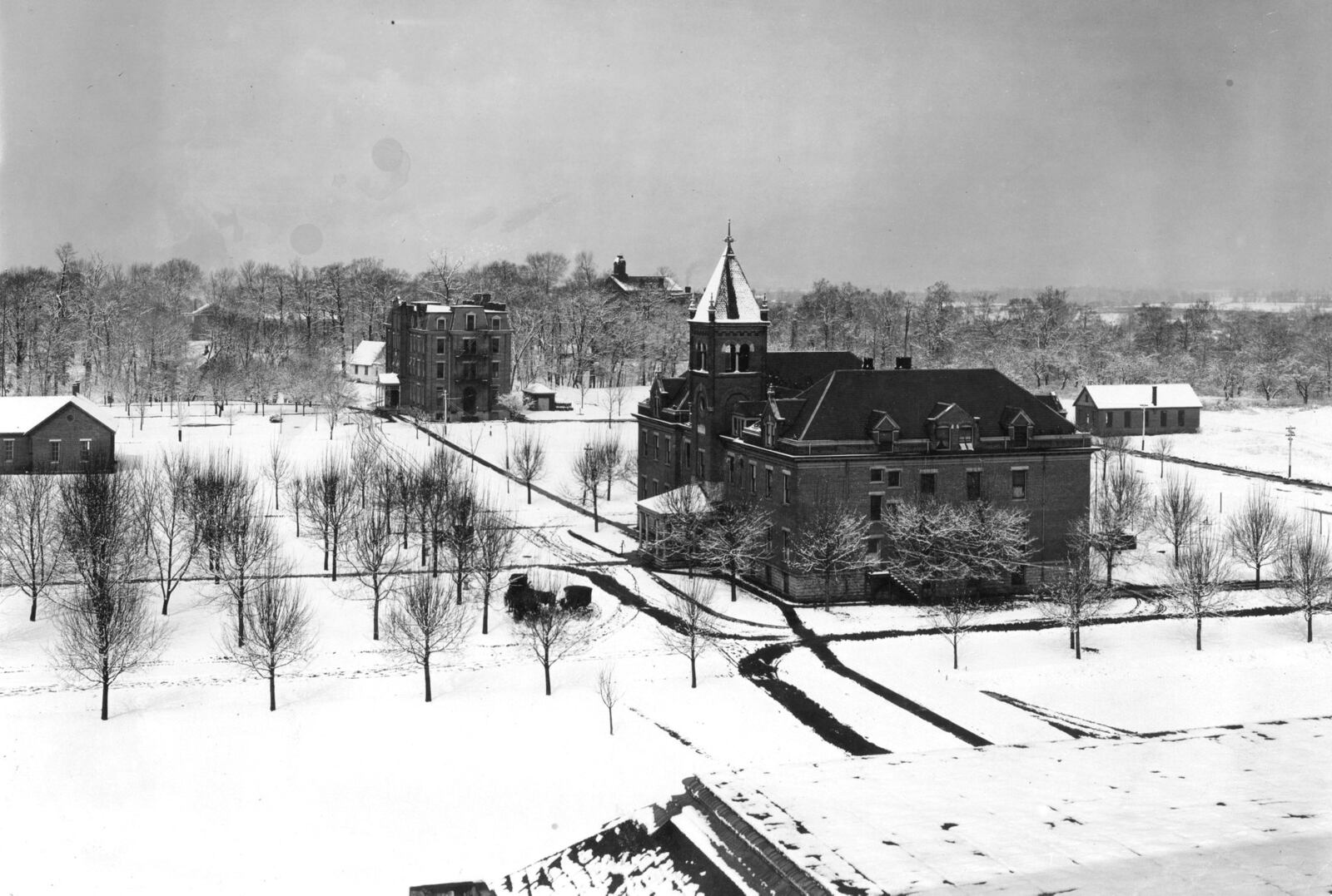 A historic view of what would become the Central State University campus while the property was home to Wilberforce University. Arnett Hall, at right in this early photograph, was heavily damaged during a 1974 tornado that destroyed 80 percent of the campus. Reprinted by permission of Central State University Archives, Wilberforce, OH