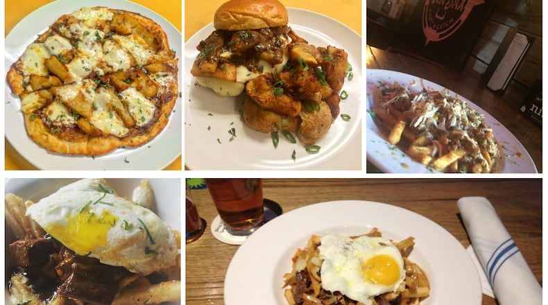 Dayton's poutine cuisine ranges from classic to inspired. Clockwise from left: Poutine pizza and burg from Park City Club, Sea Jax Tavern's poutine, Lock 27 Brewing's variation, and Corner Kitchen's small plate. CONTRIBUTED PHOTOS