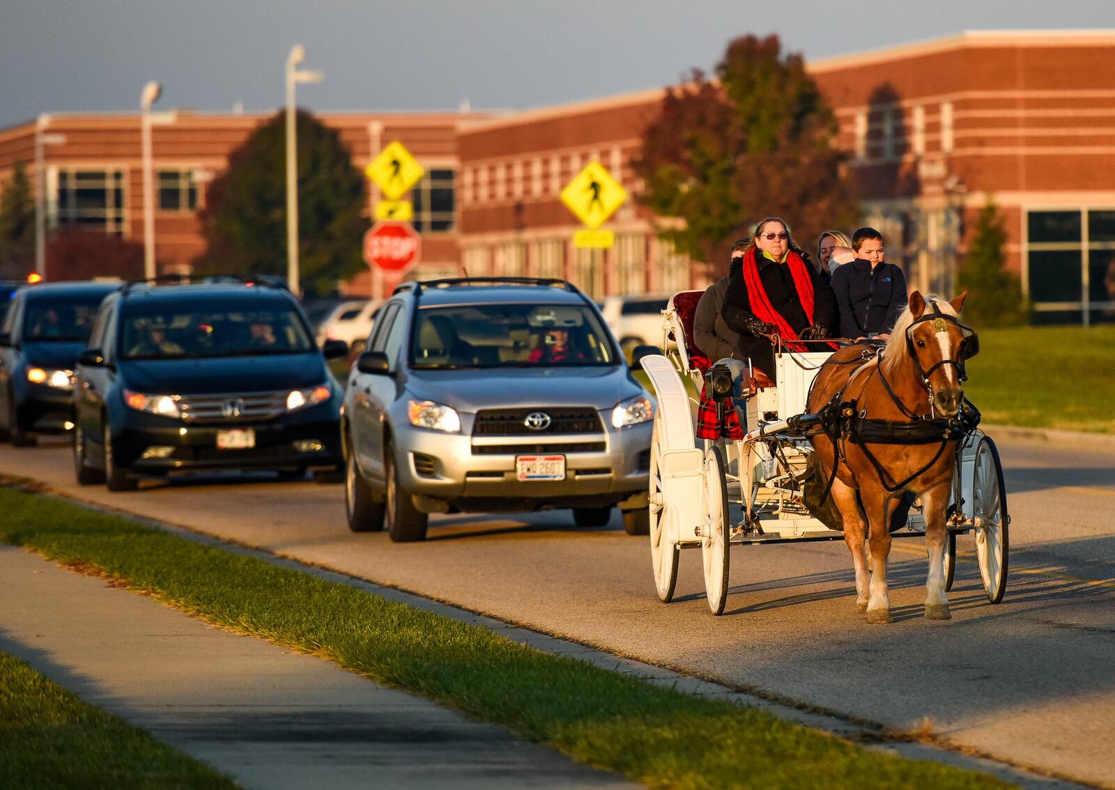 Ella Phillips-Shimovetz, 4, of Beavercreek, was surprised by her family with a horse-drawn carriage ride by Karen’s Carriage to take her to her final radiation treatment at the Cincinnati Childrenâ€™s Liberty Campus Wednesday morning, Nov. 16 in Liberty Township. She is one of the first pediatric patients to complete treatment at the Cincinnati Childrenâ€™s/UC Health Proton Therapy Center. In May, doctors diagnosed Ella with a cancerous tumor, Rhabdomyosarcoma of the biliary tract. After her carriage ride, Ella will undergo her final 28th radiation treatment. NICK GRAHAM/STAFF