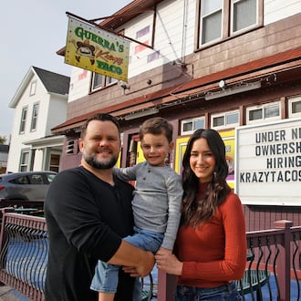 Steve Levitt, his wife, Crissy, and son, Ian, when the couple became the new owners of Krazy Taco 937, formerly Guerra's Krazy Taco, Thursday, Oct. 19, 2023. BILL LACKEY/STAFF