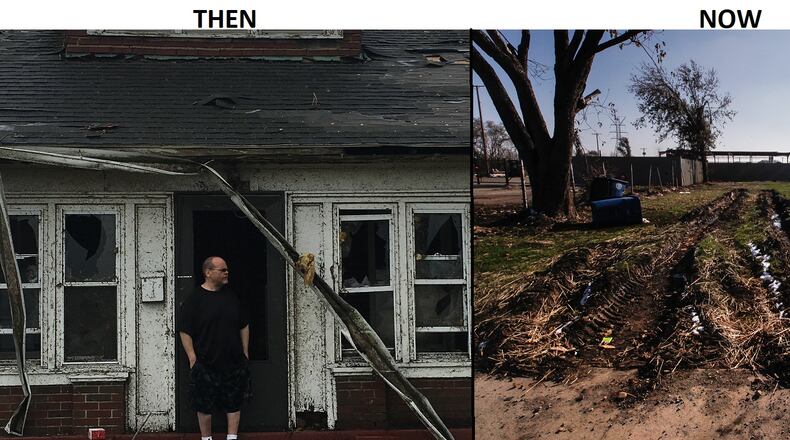 LEFT: Joe Guth, 45, raised his two children on the same block of Troy Street where he spent his own childhood. The home was damaged in the Memorial Day tornadoes. RIGHT: A recent photo of where Guth's home once stood. Photos by Laura Bischoff and Chris Stewart.