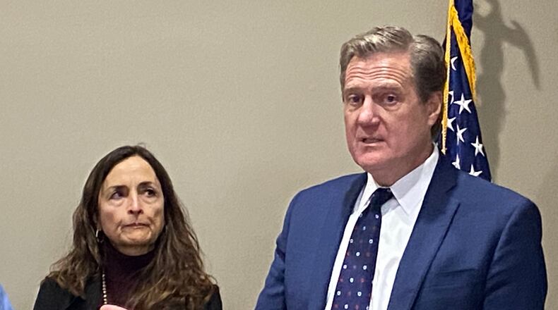 Congressman Mike Turner speaks at a press conference Friday as State Rep. Andrea White looks on. Eileen McClory / Staff Reporter
